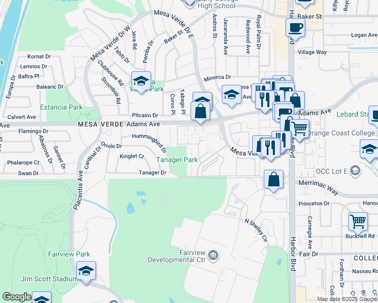 map of restaurants, bars, coffee shops, grocery stores, and more near 2741 Starbird Drive in Costa Mesa