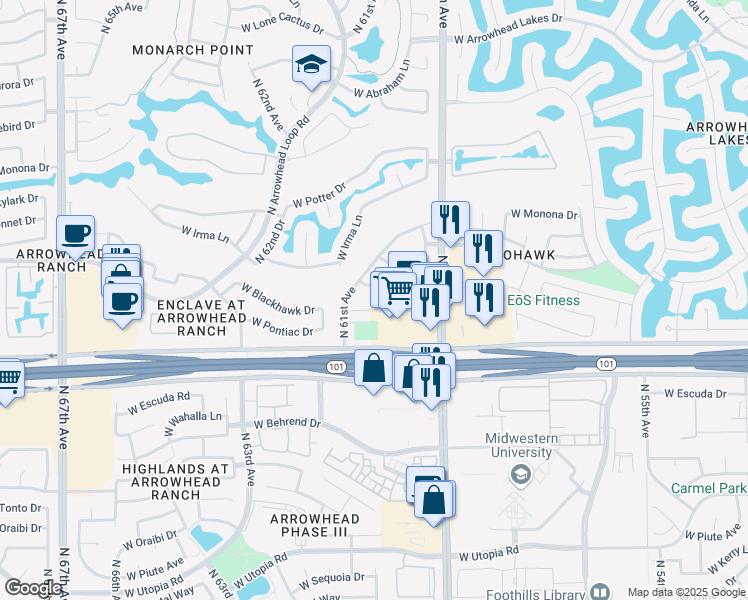 map of restaurants, bars, coffee shops, grocery stores, and more near 6026 West Pontiac Drive in Glendale
