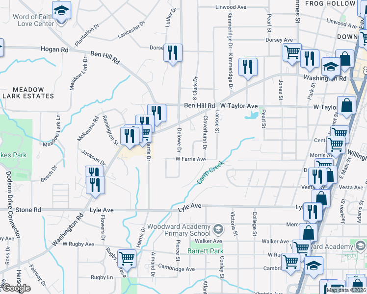 map of restaurants, bars, coffee shops, grocery stores, and more near 3122 Delowe Drive in East Point