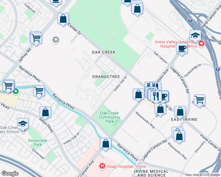 map of restaurants, bars, coffee shops, grocery stores, and more near 84 Orchard in Irvine
