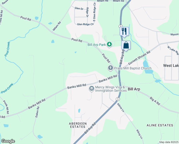 map of restaurants, bars, coffee shops, grocery stores, and more near 7215 Colony Lane in Douglasville