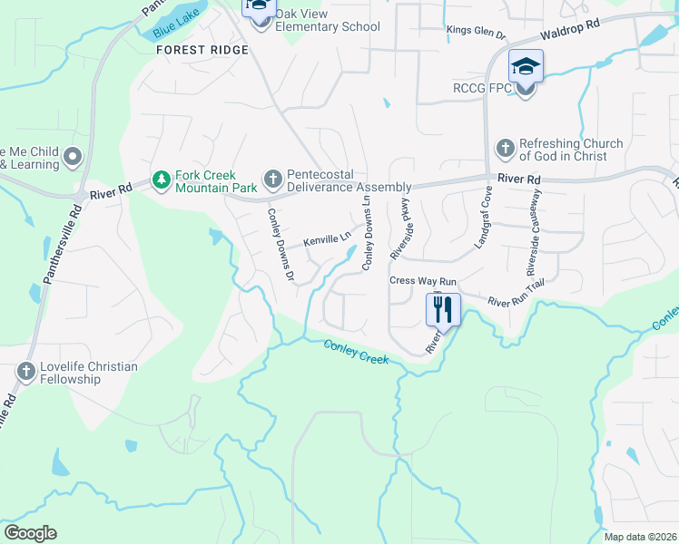 map of restaurants, bars, coffee shops, grocery stores, and more near 3822 Conley Downs Lane in Decatur