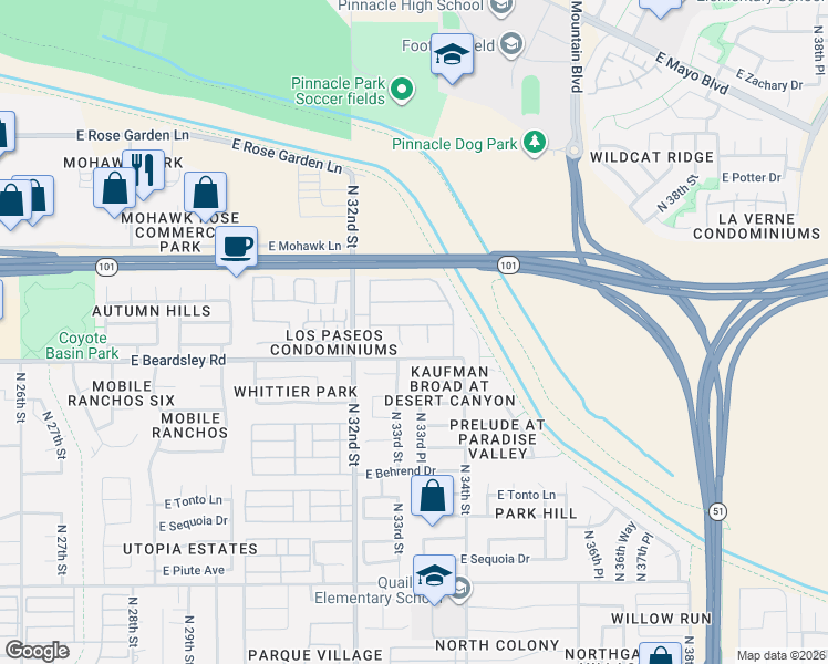 map of restaurants, bars, coffee shops, grocery stores, and more near 3335 East Blackhawk Drive in Phoenix