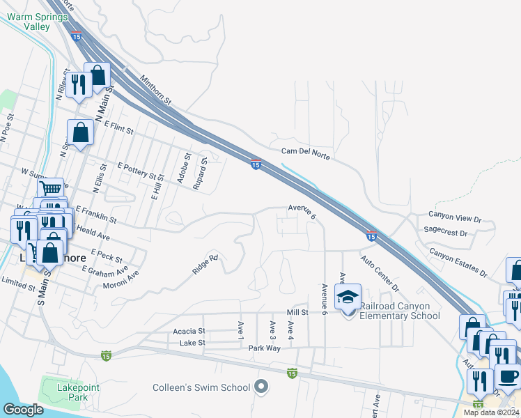map of restaurants, bars, coffee shops, grocery stores, and more near 22 East Franklin Street in Lake Elsinore