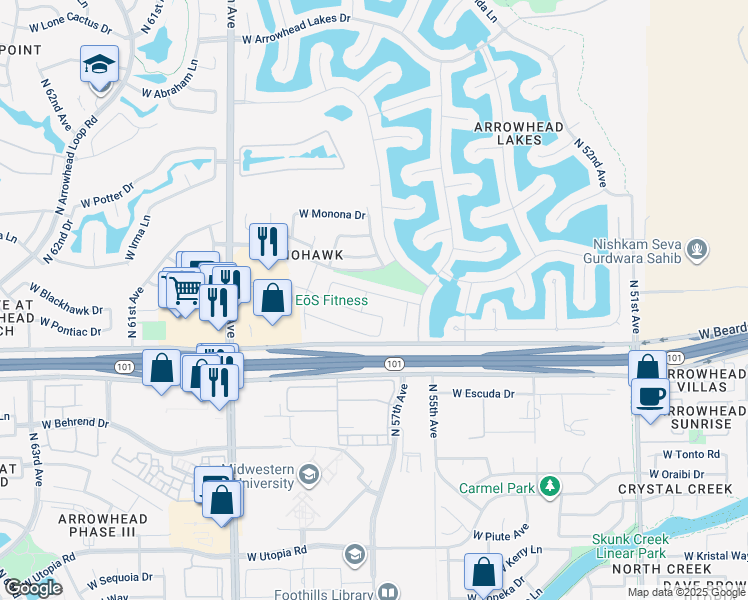 map of restaurants, bars, coffee shops, grocery stores, and more near 5615 West Tonopah Drive in Glendale