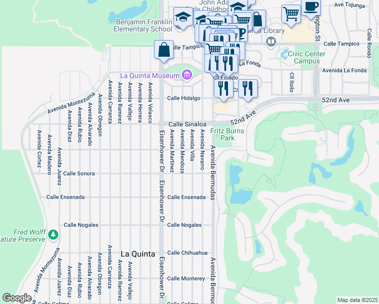 map of restaurants, bars, coffee shops, grocery stores, and more near 52031 Avenue Villa in La Quinta