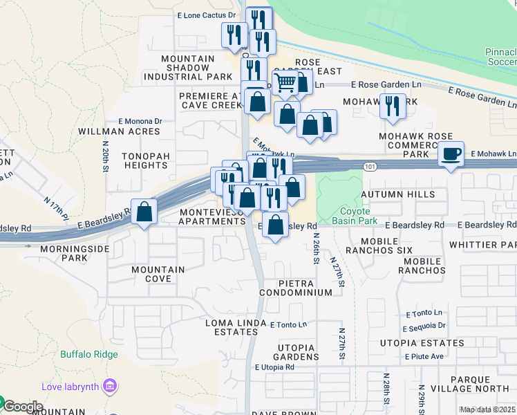 map of restaurants, bars, coffee shops, grocery stores, and more near 20215 N Cave Creek Rd in Phoenix
