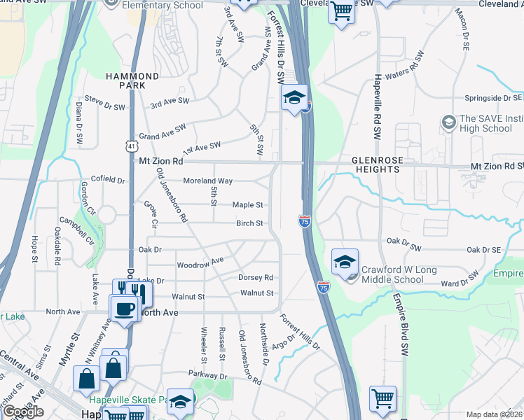 map of restaurants, bars, coffee shops, grocery stores, and more near 208 Maple Street in Atlanta