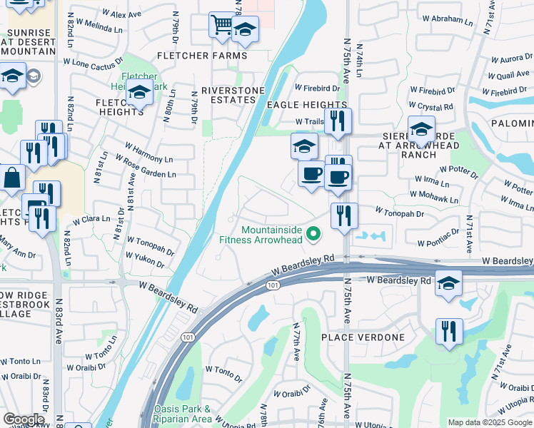 map of restaurants, bars, coffee shops, grocery stores, and more near 7700 West Aspera Boulevard in Glendale