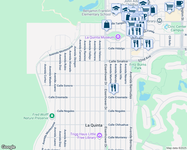 map of restaurants, bars, coffee shops, grocery stores, and more near 52025 Avenue Herrera in La Quinta