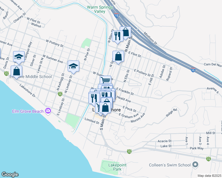 map of restaurants, bars, coffee shops, grocery stores, and more near 277 South Main Street in Lake Elsinore
