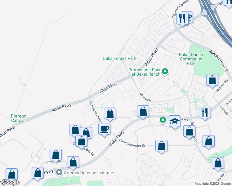 map of restaurants, bars, coffee shops, grocery stores, and more near 19 Hollyhock in Lake Forest