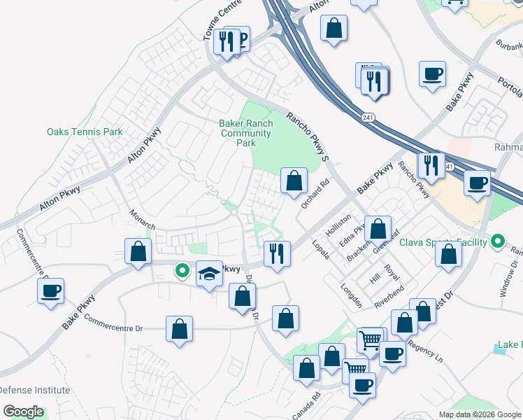 map of restaurants, bars, coffee shops, grocery stores, and more near 32 Lantana in Lake Forest
