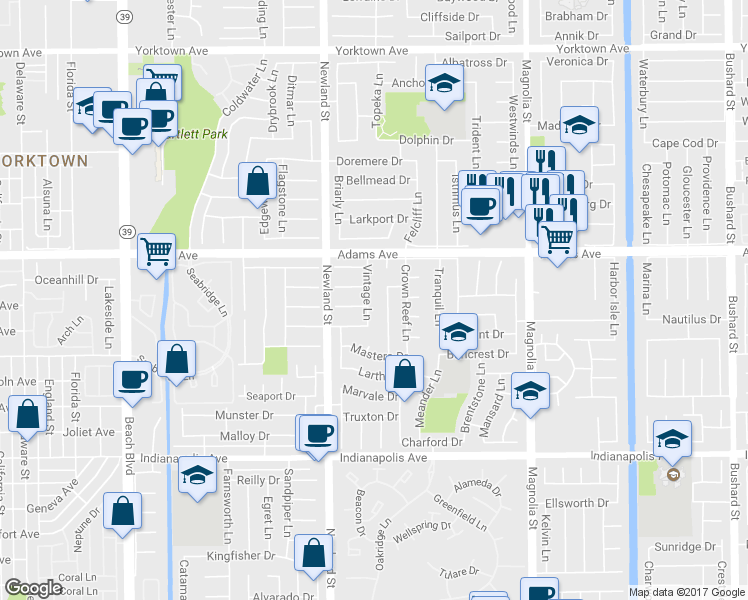 map of restaurants, bars, coffee shops, grocery stores, and more near 20112 Vintage Lane in Huntington Beach