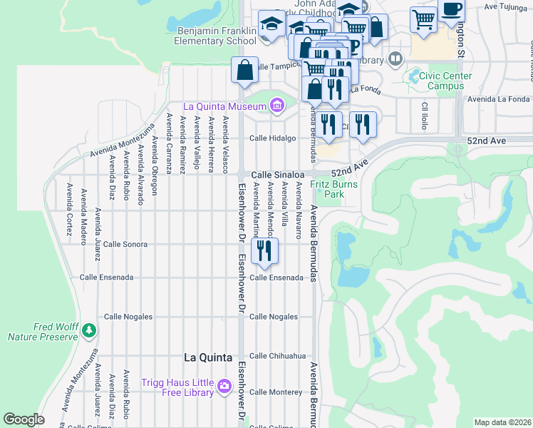 map of restaurants, bars, coffee shops, grocery stores, and more near 51910 Eisenhower Drive in La Quinta