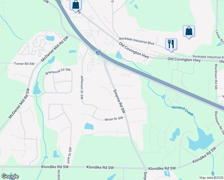 map of restaurants, bars, coffee shops, grocery stores, and more near 750 Smyrna Road Southwest in Conyers