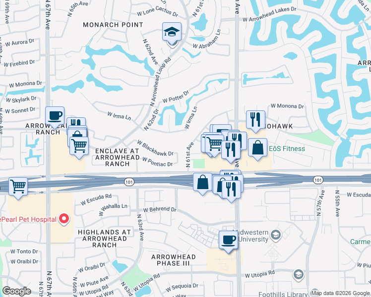 map of restaurants, bars, coffee shops, grocery stores, and more near 20258 North 61st Avenue in Glendale