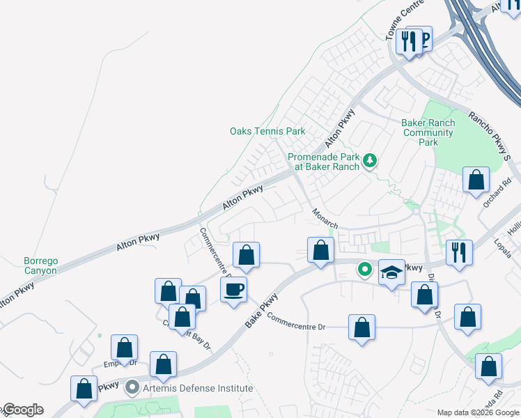 map of restaurants, bars, coffee shops, grocery stores, and more near 19 Hollyhock in Lake Forest