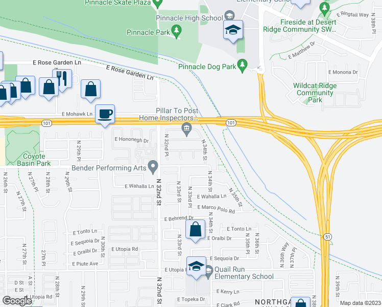 map of restaurants, bars, coffee shops, grocery stores, and more near 3335 East Blackhawk Drive in Phoenix