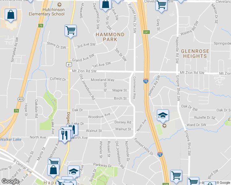 map of restaurants, bars, coffee shops, grocery stores, and more near 244 Maple Street in Atlanta