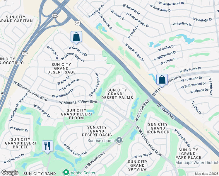 map of restaurants, bars, coffee shops, grocery stores, and more near 20344 N Painted Sky Dr in Surprise