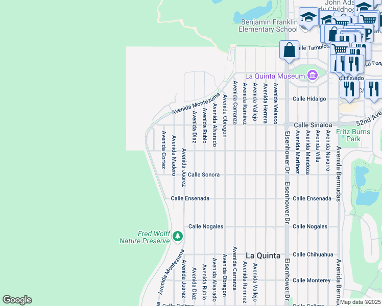 map of restaurants, bars, coffee shops, grocery stores, and more near 52015 Avenida Diaz in La Quinta