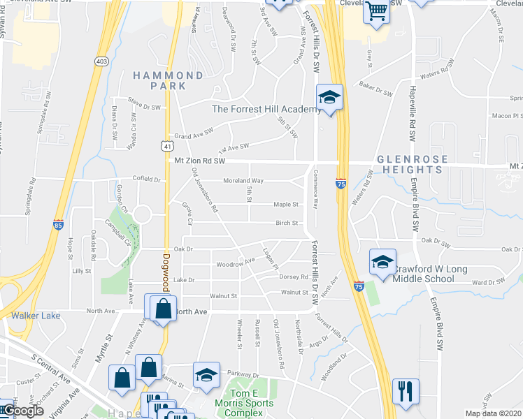 map of restaurants, bars, coffee shops, grocery stores, and more near 256 Maple Street in Atlanta
