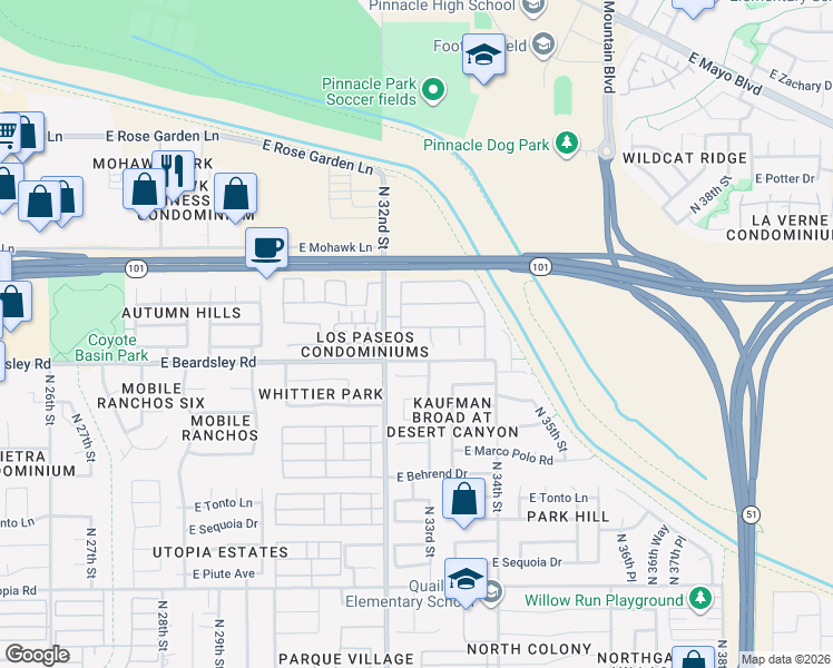 map of restaurants, bars, coffee shops, grocery stores, and more near 3229 East Blackhawk Drive in Phoenix