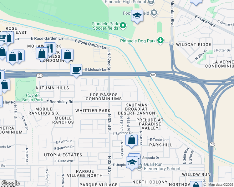 map of restaurants, bars, coffee shops, grocery stores, and more near 3225 East Blackhawk Drive in Phoenix