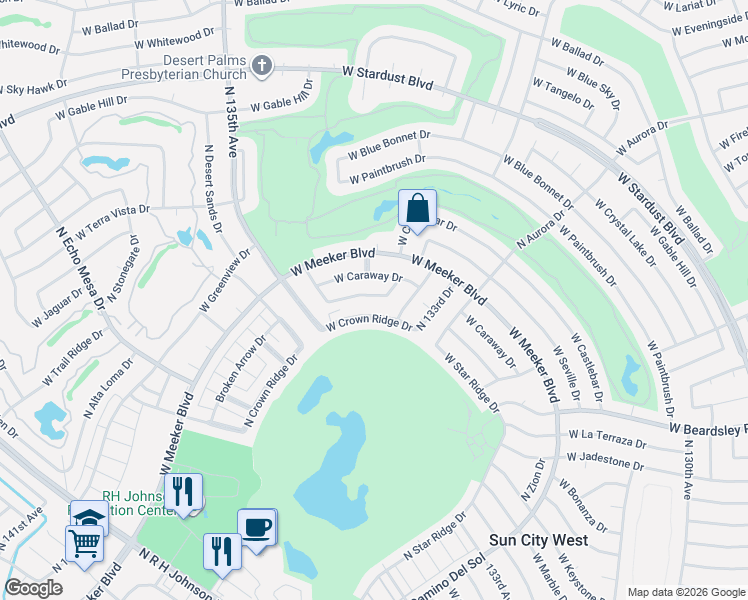 map of restaurants, bars, coffee shops, grocery stores, and more near 13325 Broken Arrow Drive in Sun City West