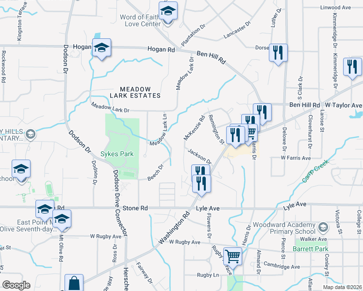 map of restaurants, bars, coffee shops, grocery stores, and more near 3089 McKenzie Road in East Point