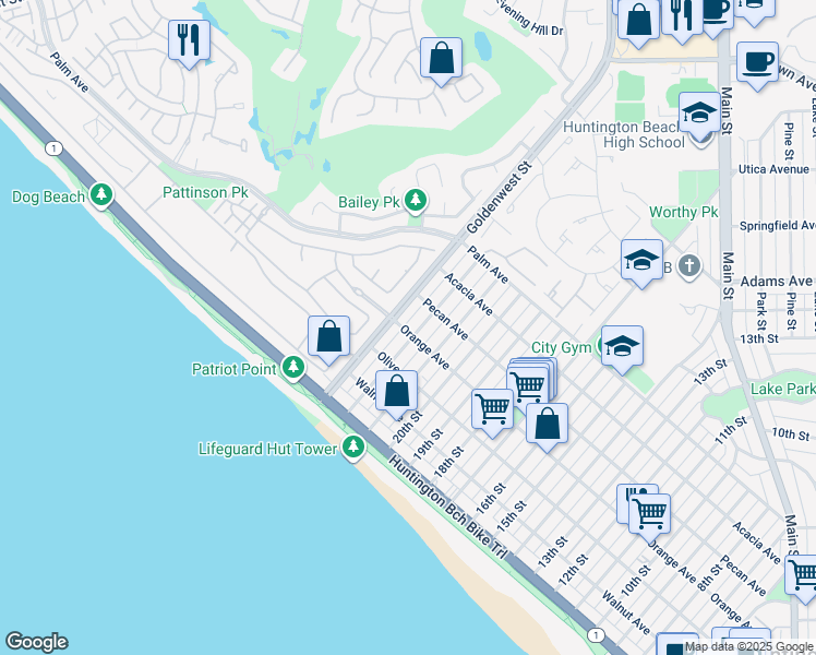 map of restaurants, bars, coffee shops, grocery stores, and more near 401 22nd Street in Huntington Beach