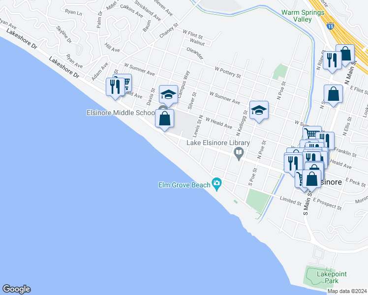 map of restaurants, bars, coffee shops, grocery stores, and more near 103 Lewis Street South in Lake Elsinore