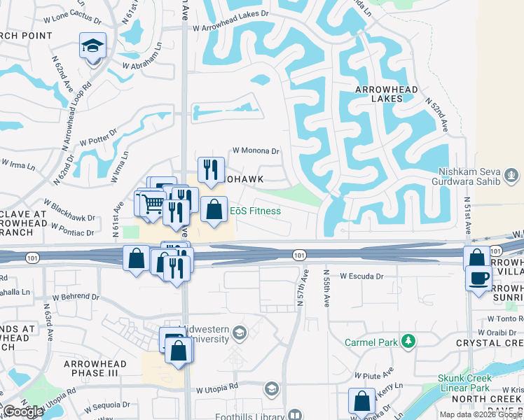 map of restaurants, bars, coffee shops, grocery stores, and more near 5642 West Blackhawk Drive in Glendale