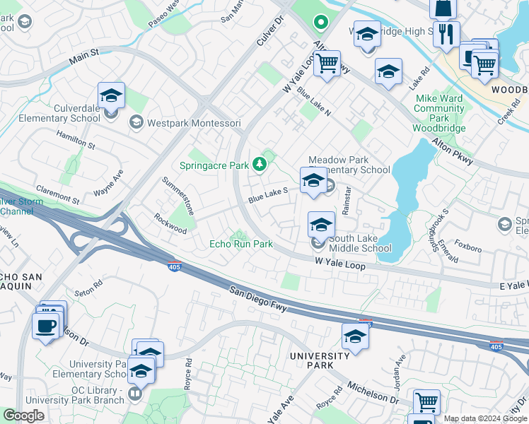 map of restaurants, bars, coffee shops, grocery stores, and more near 69 Thicket in Irvine