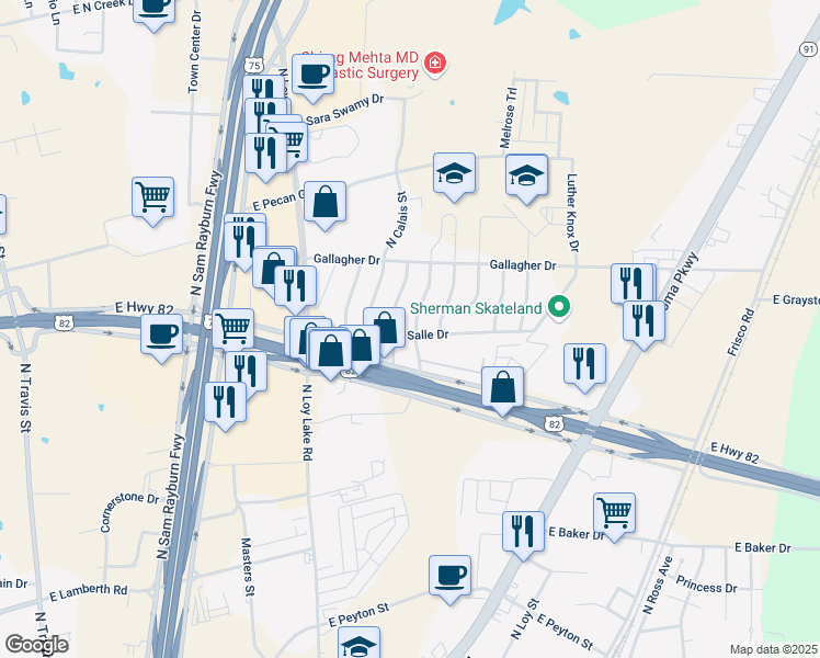 map of restaurants, bars, coffee shops, grocery stores, and more near 3102 Northridge Drive in Sherman