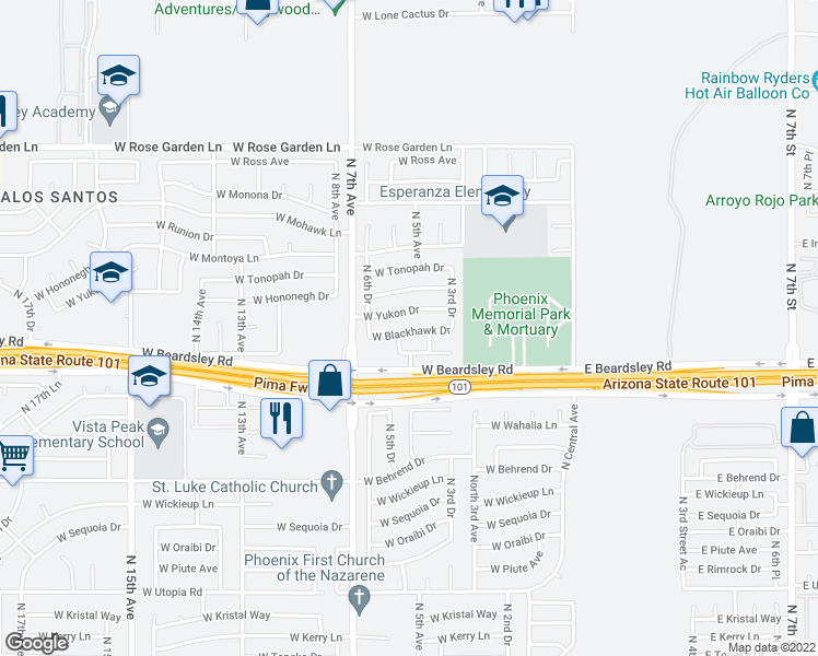 map of restaurants, bars, coffee shops, grocery stores, and more near 432 West Blackhawk Drive in Phoenix