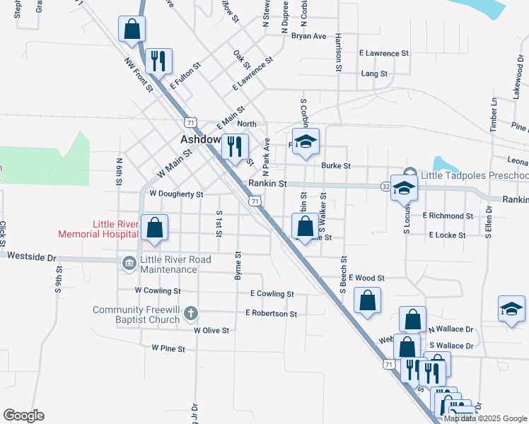 map of restaurants, bars, coffee shops, grocery stores, and more near 207 South Constitution Avenue in Ashdown