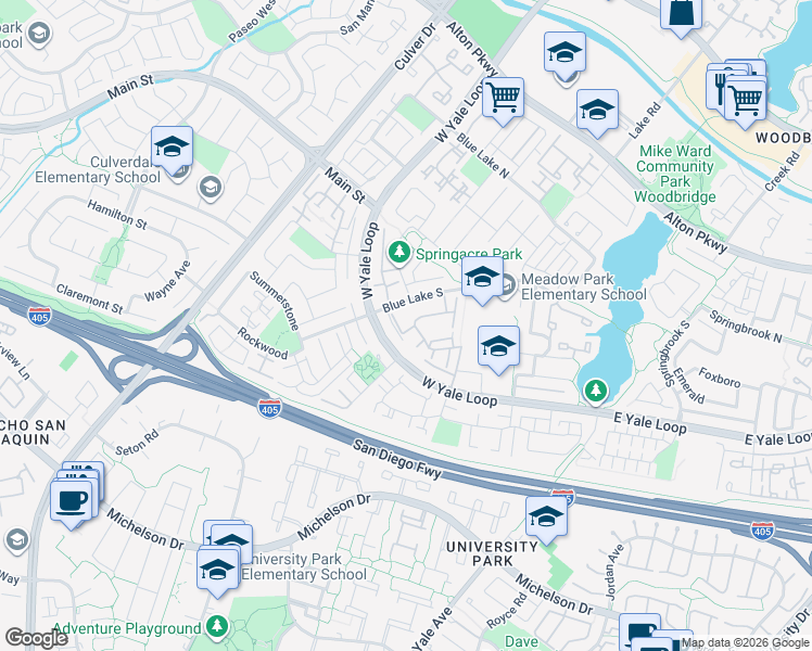 map of restaurants, bars, coffee shops, grocery stores, and more near 69 Thicket in Irvine