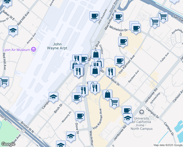 map of restaurants, bars, coffee shops, grocery stores, and more near 4665 Macarthur Court in Newport Beach
