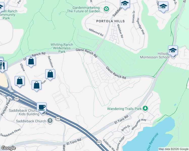 map of restaurants, bars, coffee shops, grocery stores, and more near 1221 Viejo Hills Drive in Lake Forest