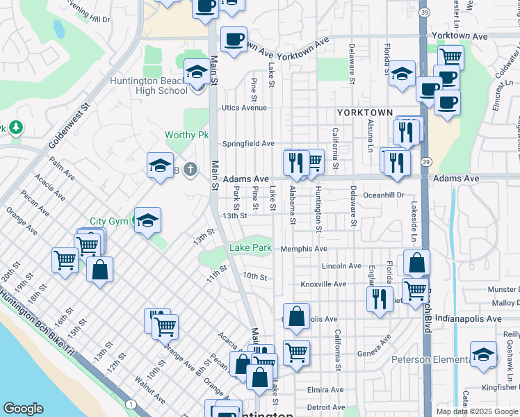 map of restaurants, bars, coffee shops, grocery stores, and more near 1108 Pine Street in Huntington Beach