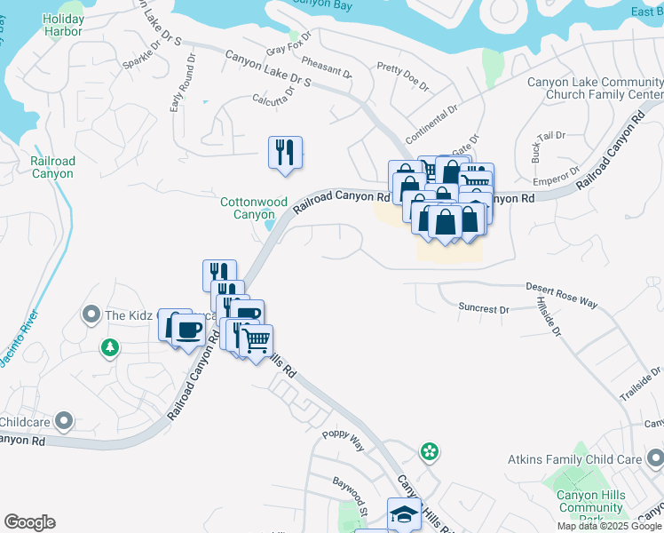 map of restaurants, bars, coffee shops, grocery stores, and more near 23170 Skylink Drive in Canyon Lake