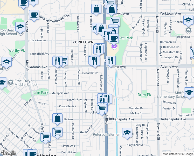 map of restaurants, bars, coffee shops, grocery stores, and more near 1504 Backbay Circle in Huntington Beach