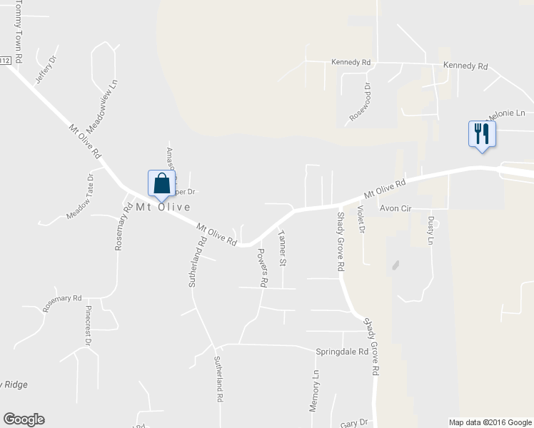 map of restaurants, bars, coffee shops, grocery stores, and more near 2575 Mount Olive Road in Mount Olive