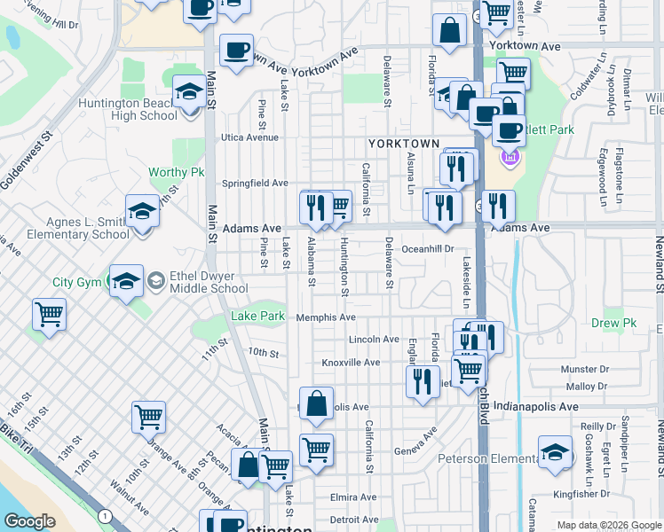 map of restaurants, bars, coffee shops, grocery stores, and more near 219 Oswego Avenue in Huntington Beach