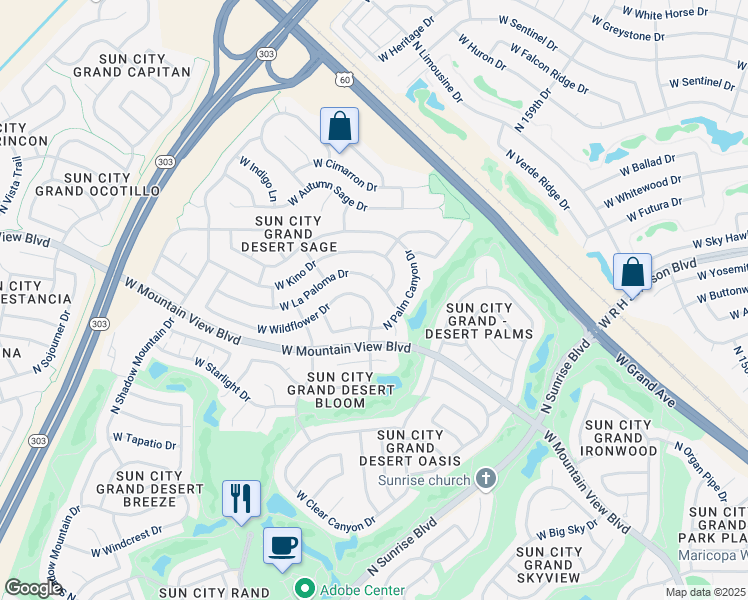 map of restaurants, bars, coffee shops, grocery stores, and more near 15751 West La Paloma Drive in Surprise