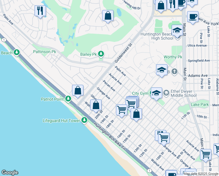 map of restaurants, bars, coffee shops, grocery stores, and more near 425 21st Street in Huntington Beach
