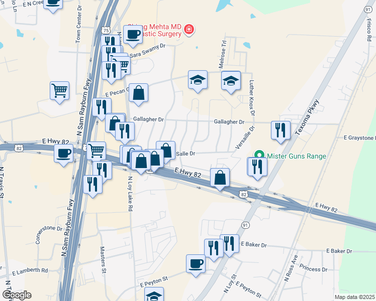 map of restaurants, bars, coffee shops, grocery stores, and more near 3102 Northpoint Road in Sherman