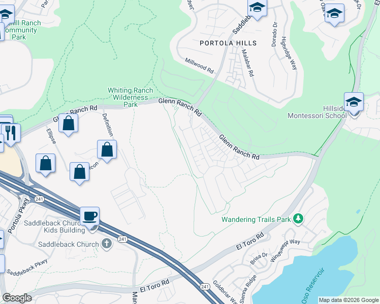 map of restaurants, bars, coffee shops, grocery stores, and more near 1218 Viejo Hills Drive in Trabuco Canyon
